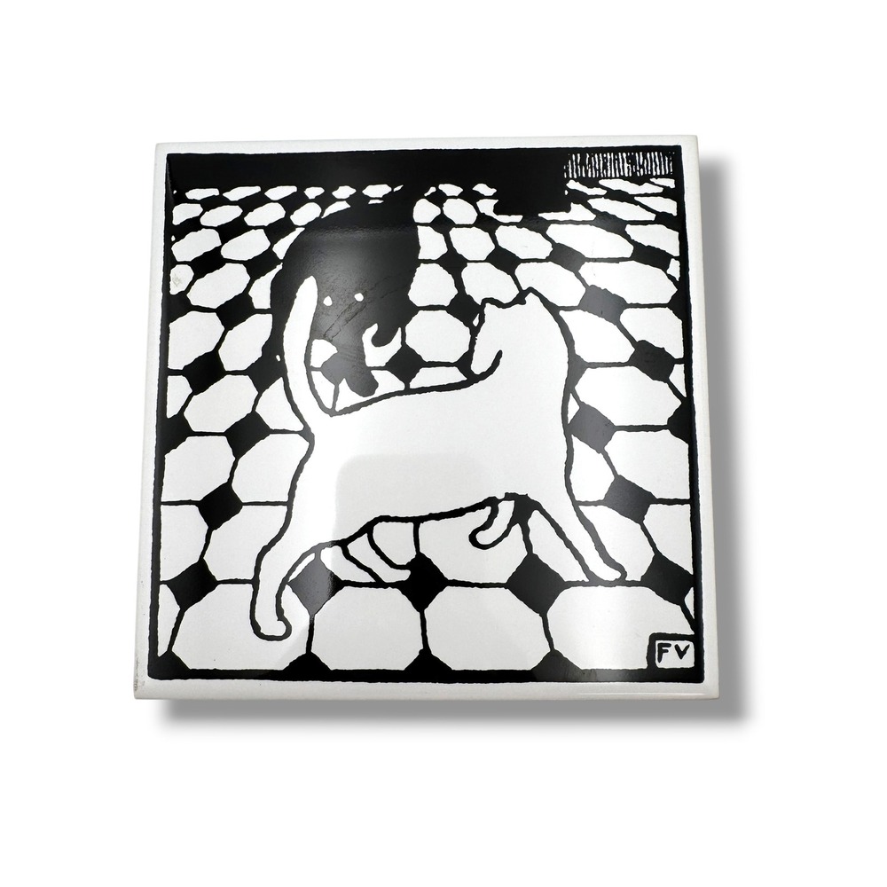Felix Vallotton Art Tile 6in Black White Cat Woodcut Style Decor Trivet Cork